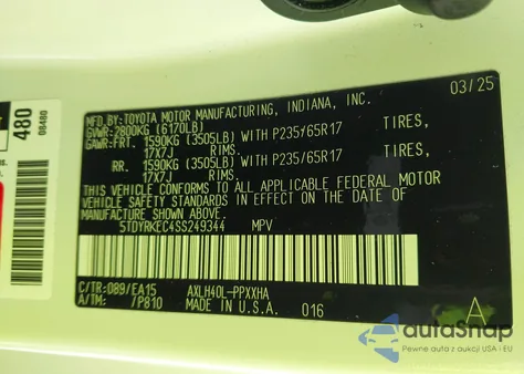 2025 Toyota Sienna Xle z USA, uszkodzony, nr VIN 5TDYRKEC4SS249344